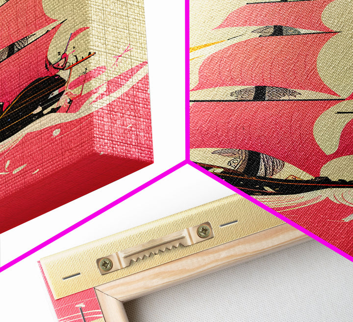 Vaporwave sail boat art, pink pirate ship, framed wall art, framed canvas print