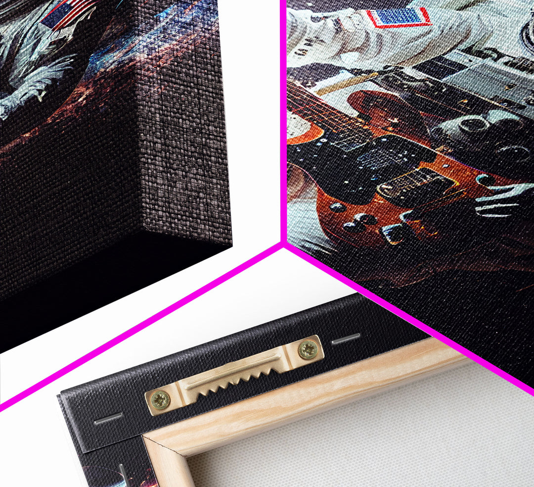 Space man jam, astronaut playing guitar in space, framed canvas print wall art