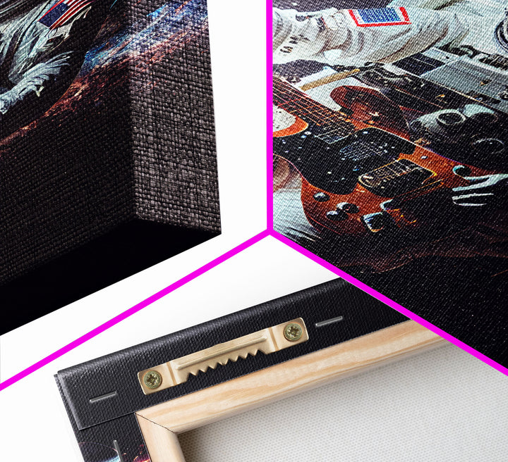 Space man jam, astronaut playing guitar in space, framed canvas print wall art