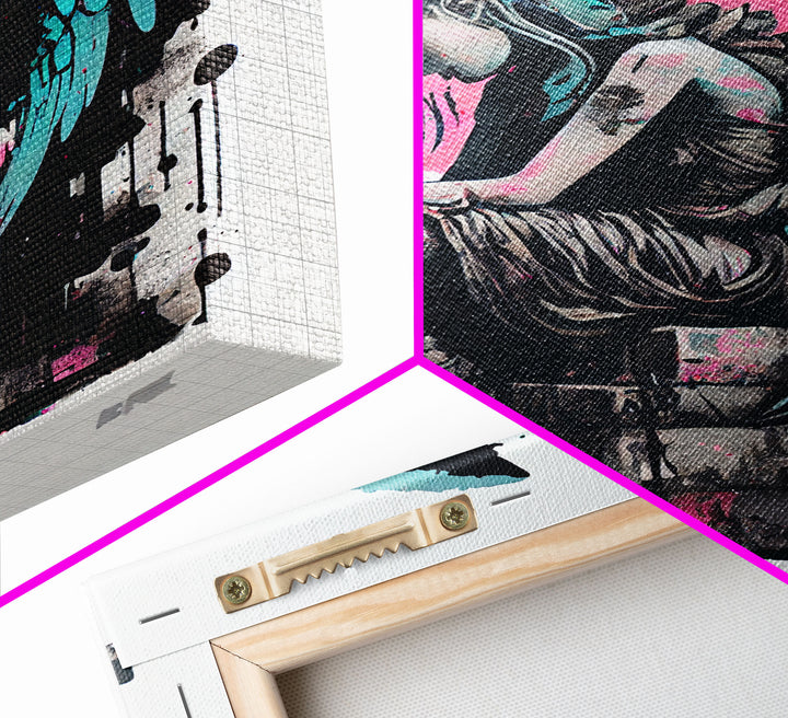 Sad angel graffiti art, street inspired art, framed canvas print, framed wall art