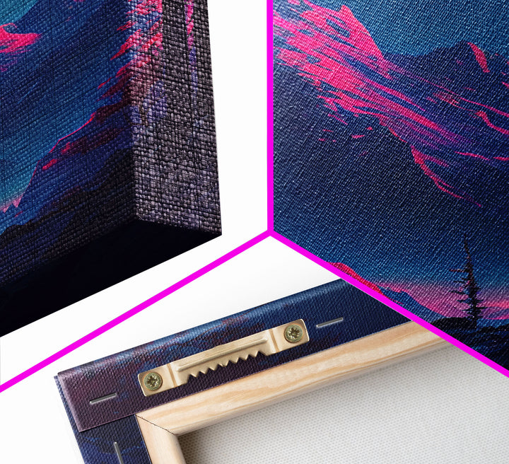 Vaporwave mountain landscape, pink and purple mountain art, framed canvas print