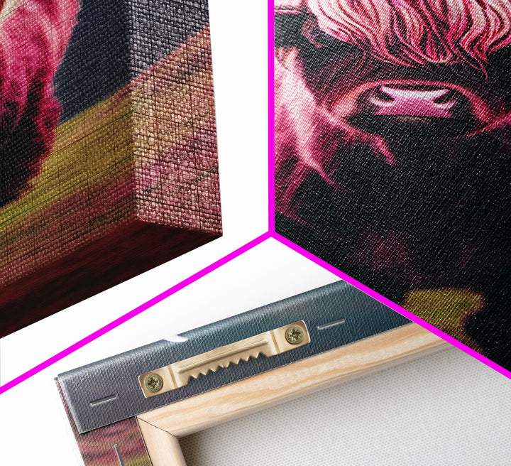 Colorful farmhouse art, Highland cow, Scotland cattle, framed canvas print, pink cow