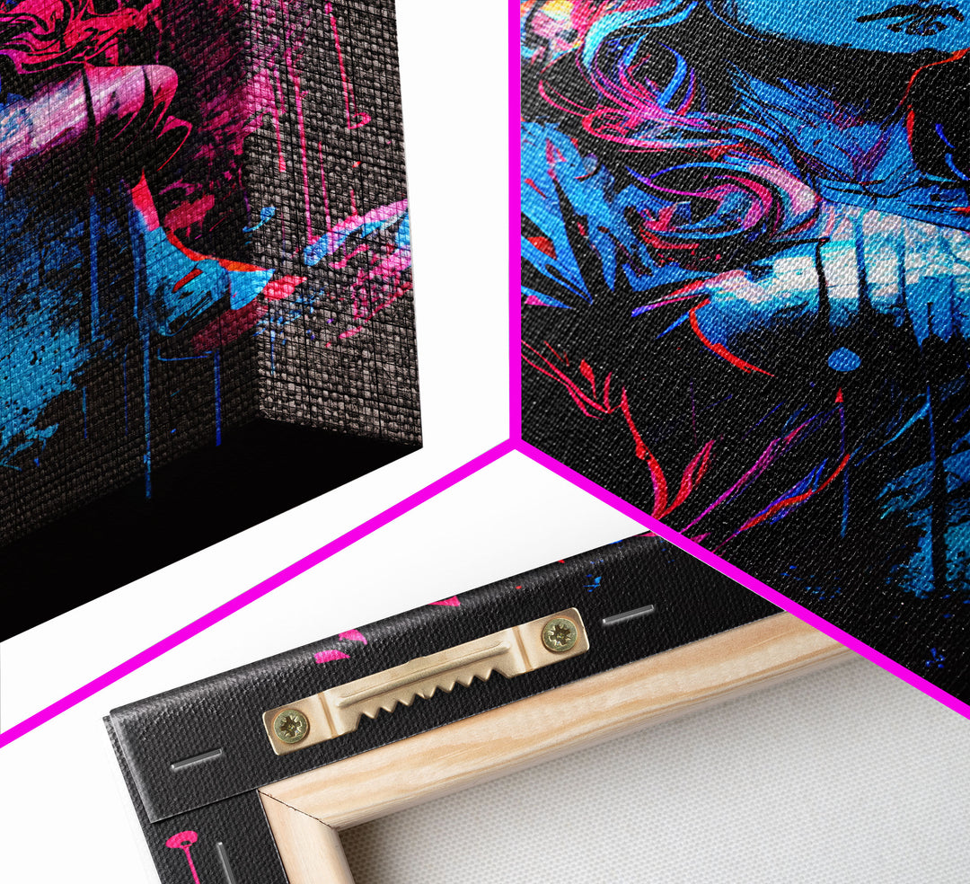 Graffiti art, lady justice, vaporwave cyberpunk justice is blind, fine art poster print