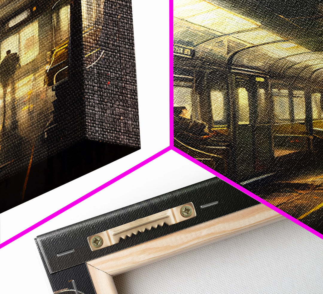 Still life on a subway, train art, framed canvas print