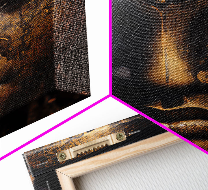 Golden eyed buddha statue framed canvas print, art for yoga studio, zen art