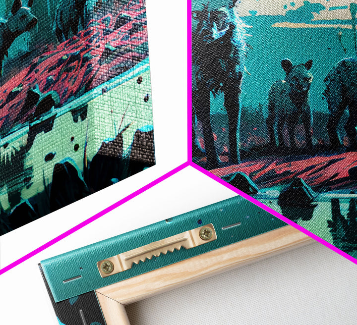 Hyenas at midnight, turquoise vaporwave art, framed canvas print