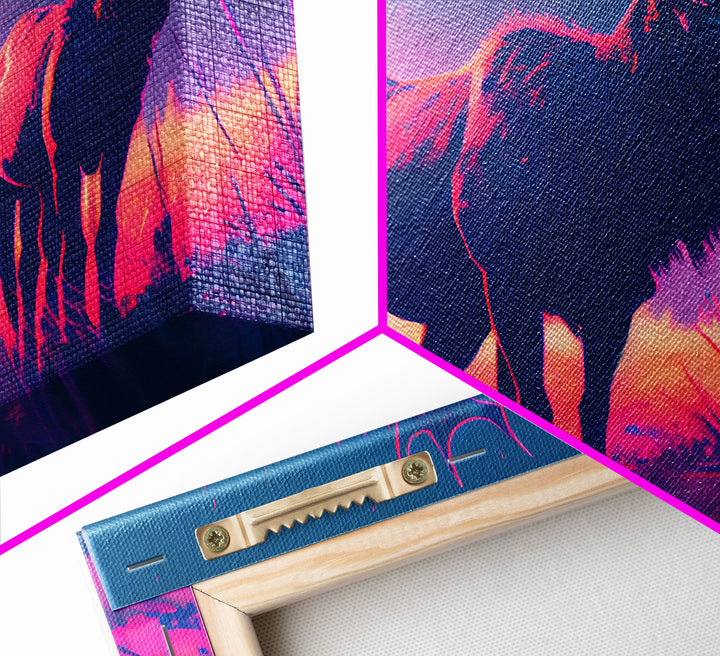 Vaporwave landscape, Elk in the plains at sunset, framed canvas art, canvas print, framed wall art