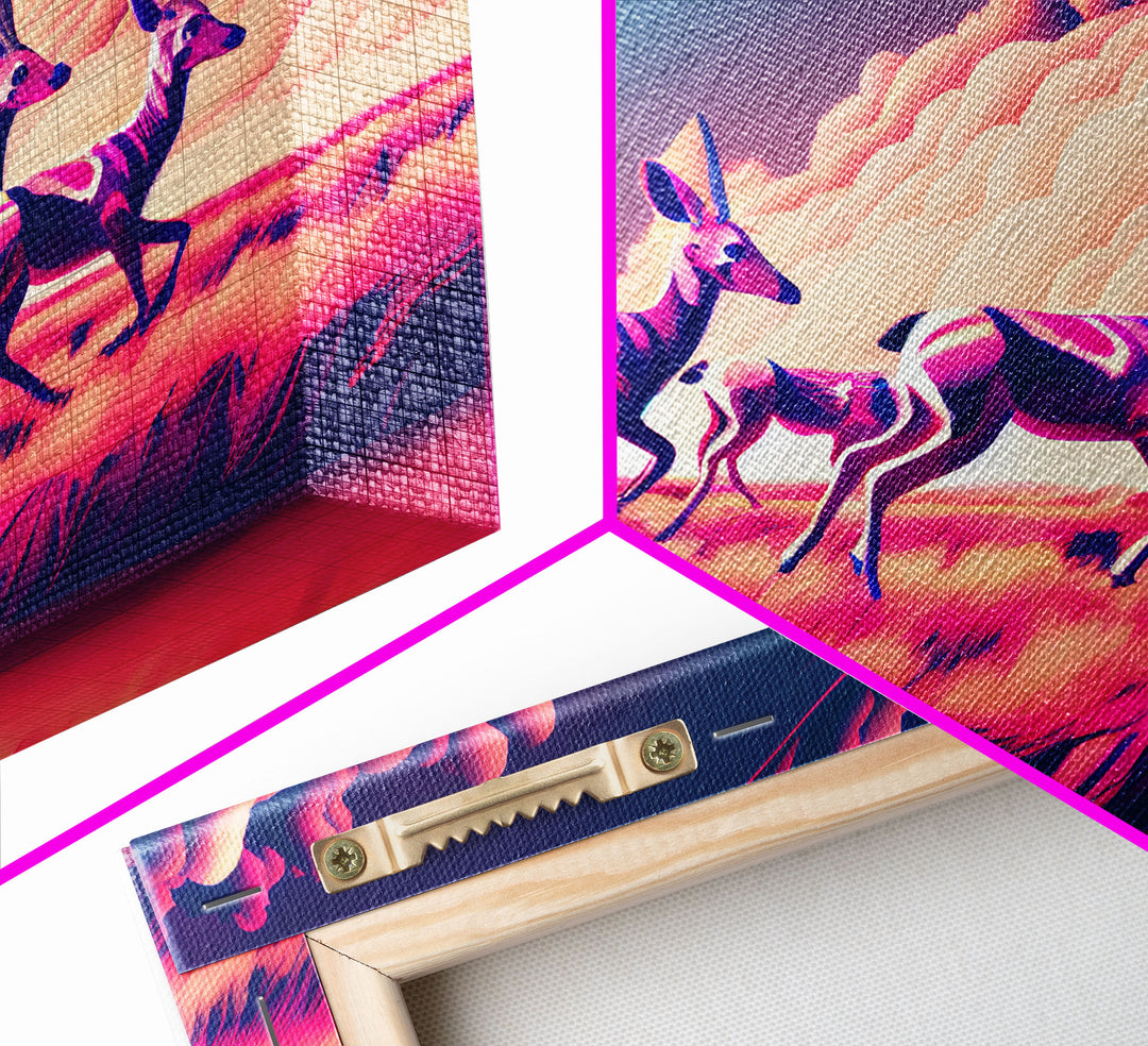 Herd of African Gazelles, vaporwave art, synthwave aesthetic nature print, framed canvas print