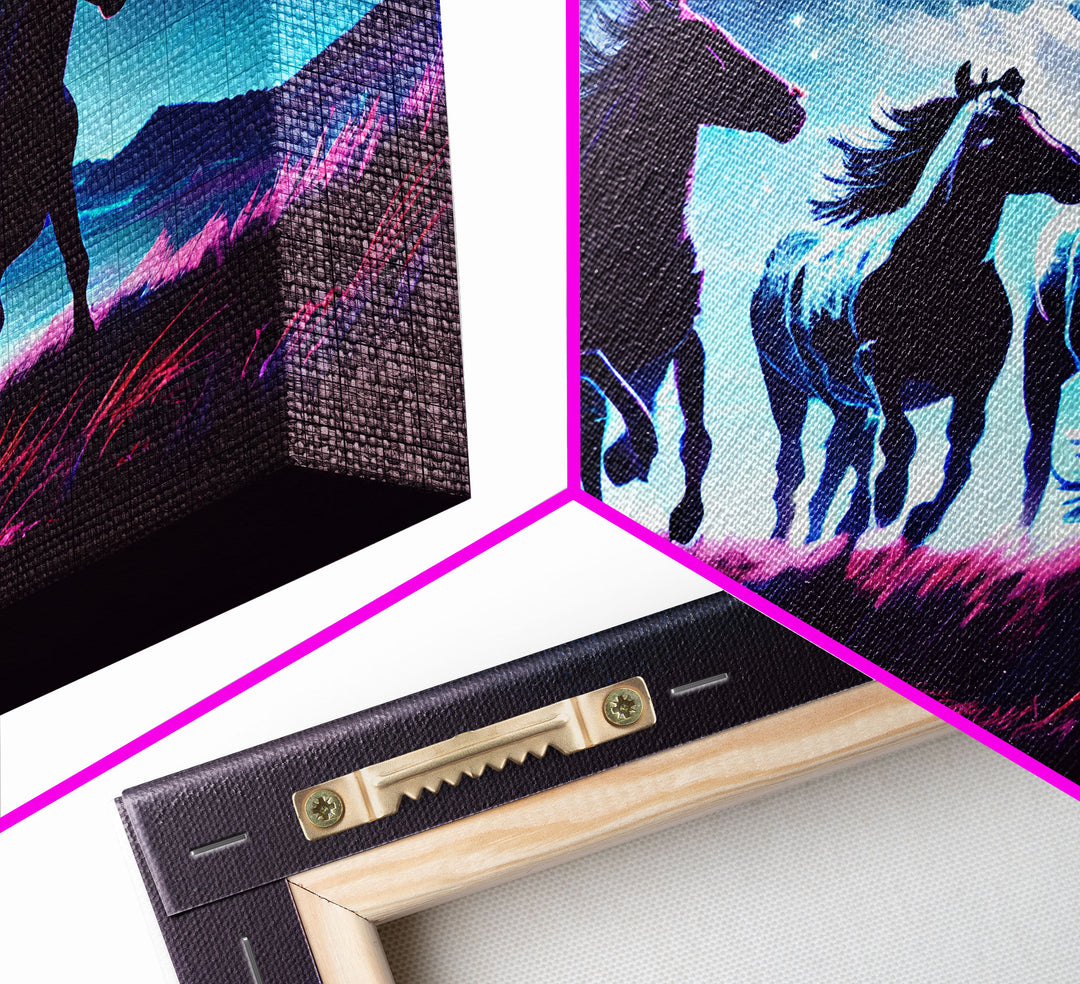 Wild horses running in the moonlight, vaporwave art, framed canvas print