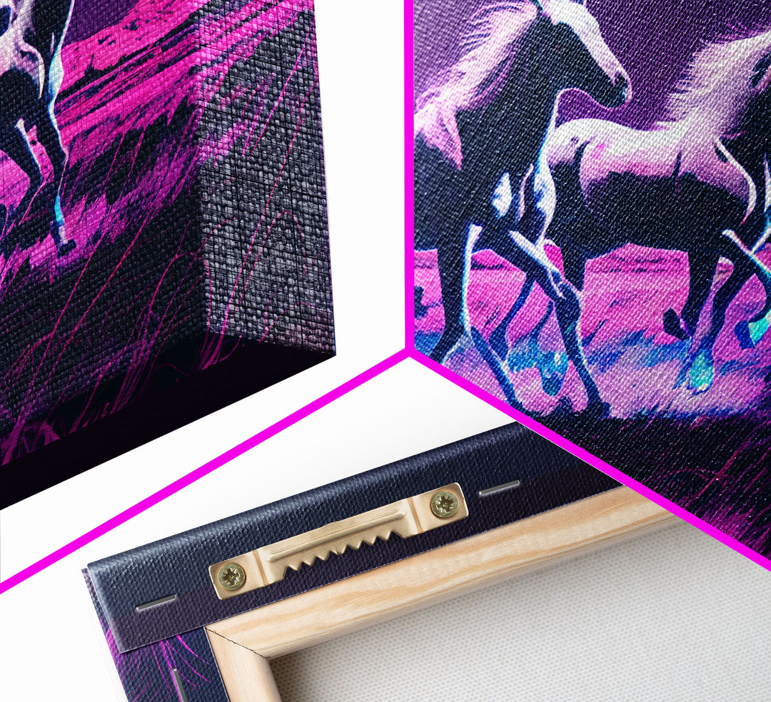 Pastel Wild horses running in the moonlight, vaporwave aesthetic art, framed canvas print