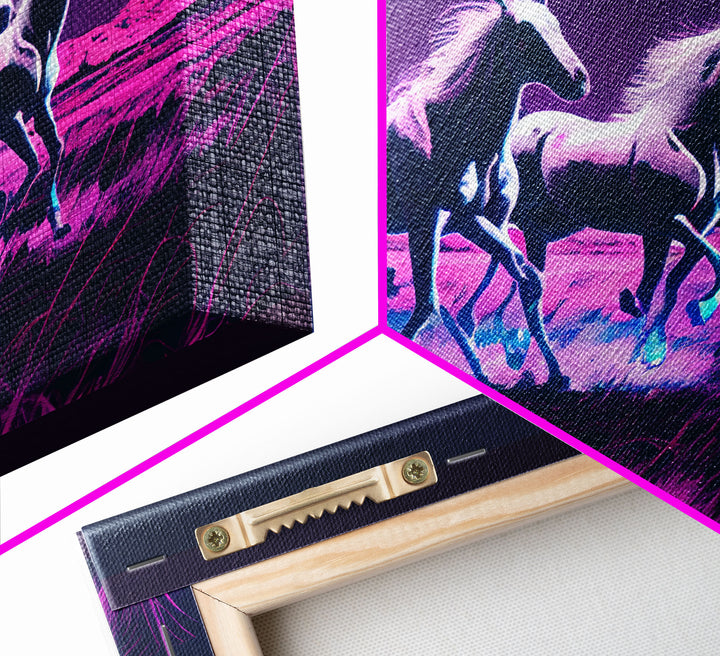 Pastel Wild horses running in the moonlight, vaporwave aesthetic art, framed canvas print