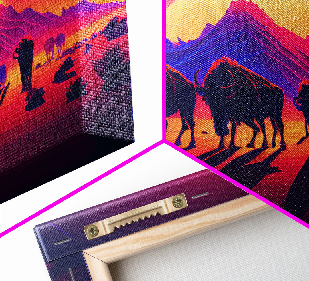 Synthwave American Buffalo, Retrowave art, herd of Bison and a setting sun, framed canvas print