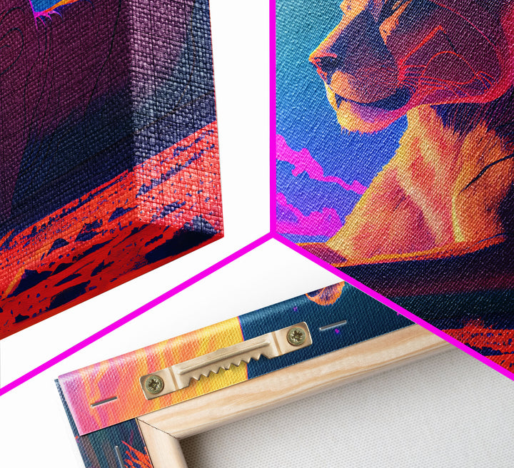 Lioness synthwave art, framed canvas print, beautiful pastel lion art