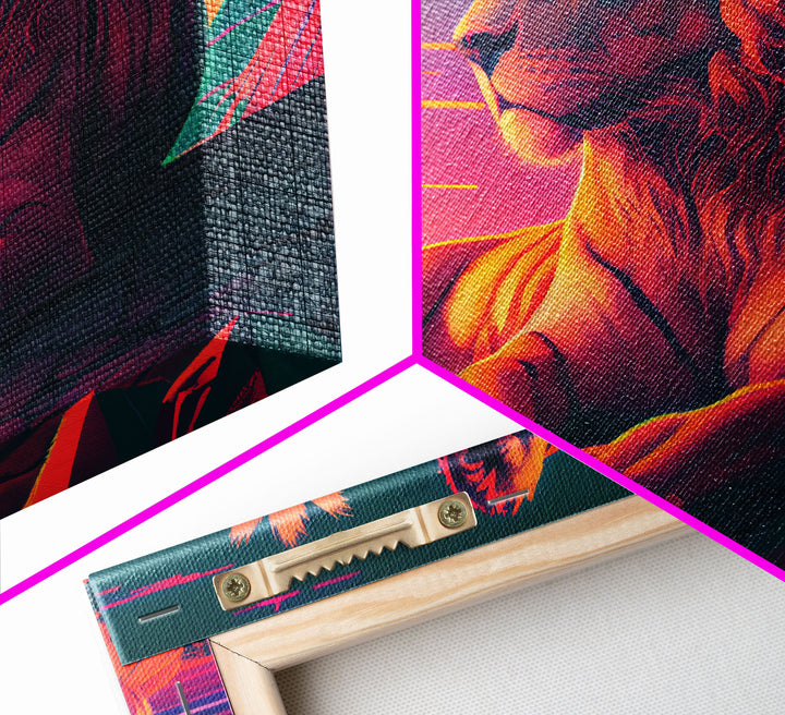 Lion contemplating life on a cliff, vibrant and colorful synthwave retro style art, framed canvas print