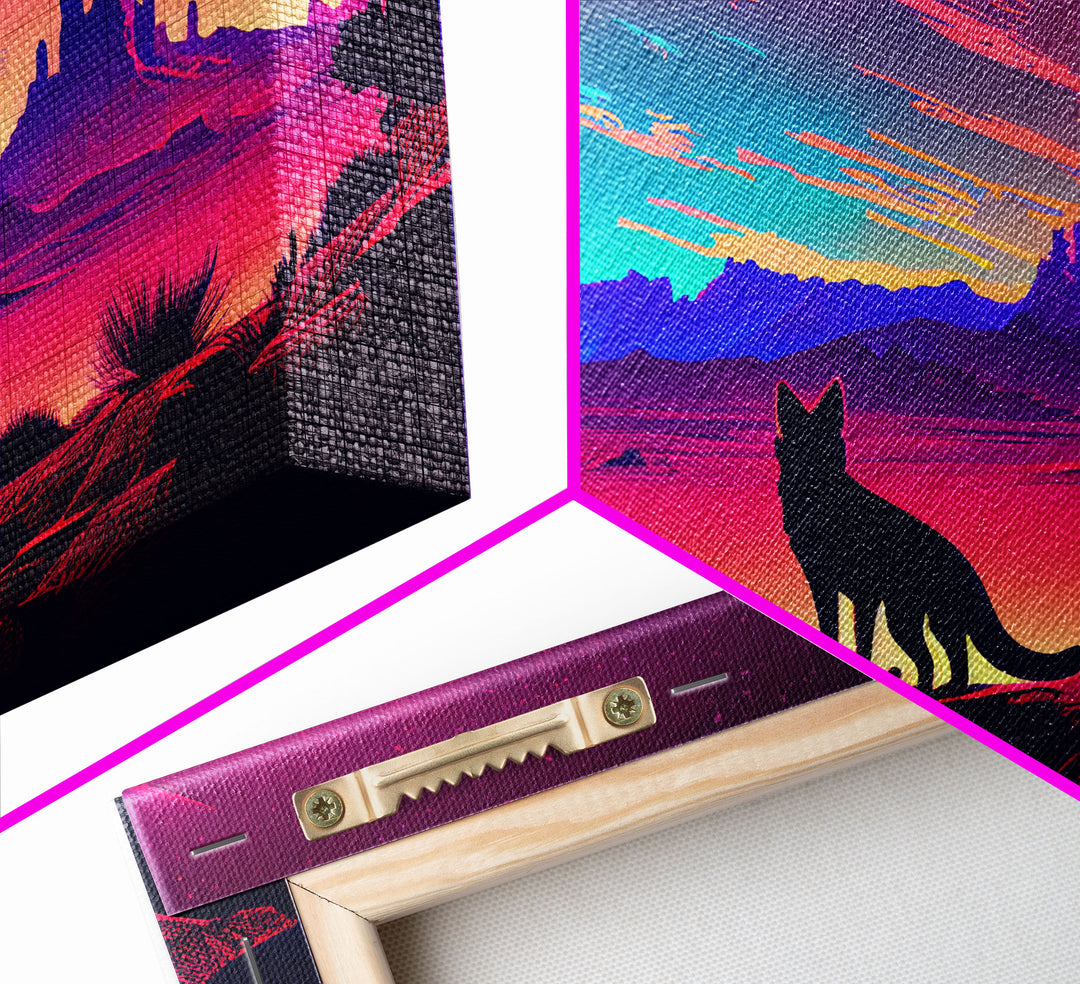 Cute fox in an Arizona desert landscape, framed canvas print, framed wall art, synthwave art
