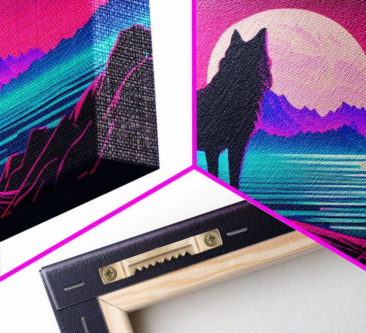 Wolf art, turquoise landscape, framed canvas print, vaporwave aesthetic desert art