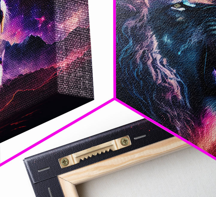 Cosmic Roar, lion roaring at the stars, synthwave galaxy and lion art, framed canvas print, unique framed wall art