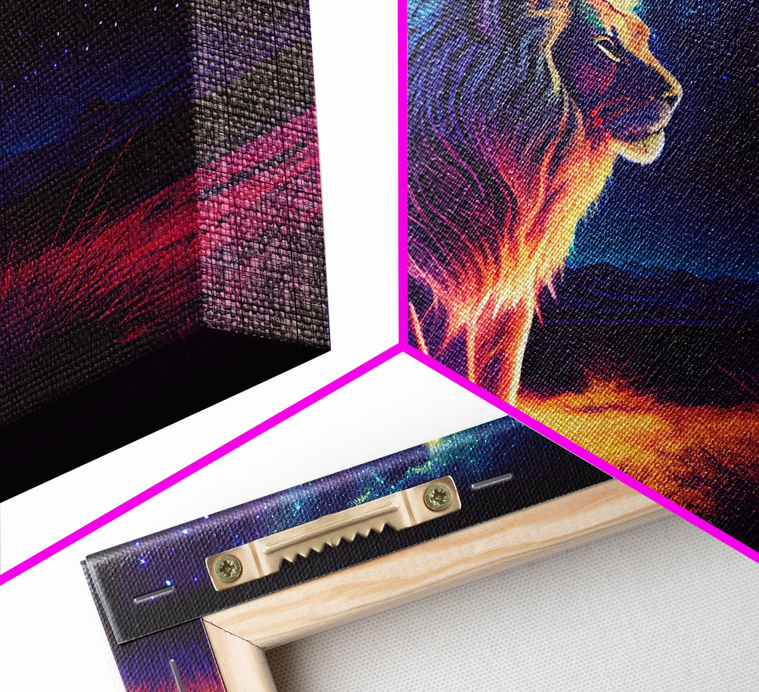 The Lion and the Universe, unique vibrant synthwave wall art, framed canvas print