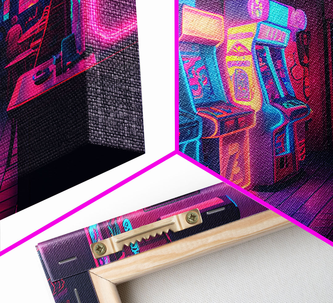 Neon Arcade, unique game room art, Retrowave arcade machine art, framed canvas print, framed wall art | Wall Art