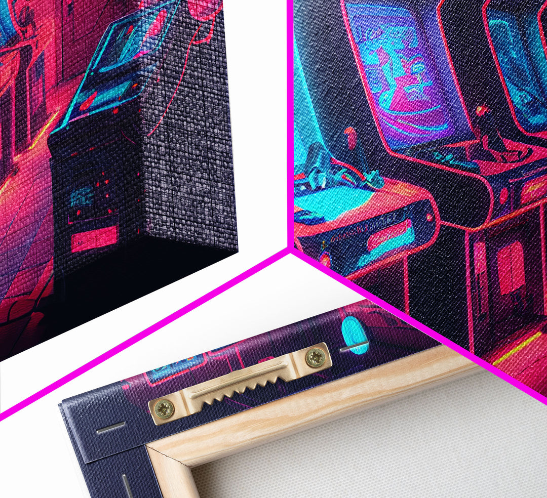 Synthwave Game Room Art, Neon retro 90s arcade room wall art, framed canvas print