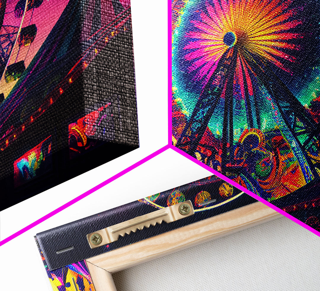 Synthwave ferris wheel watercolor art, framed canvas print, colorful vibrant wall decor, framed wall art