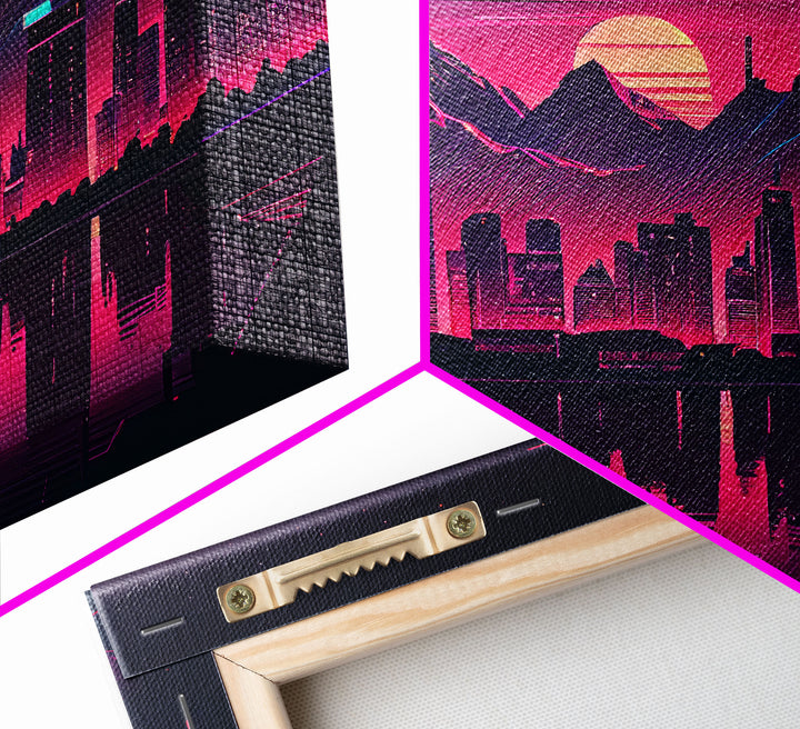 Cyberpunk Vancouver, Futuristic city skyline art, framed canvas print