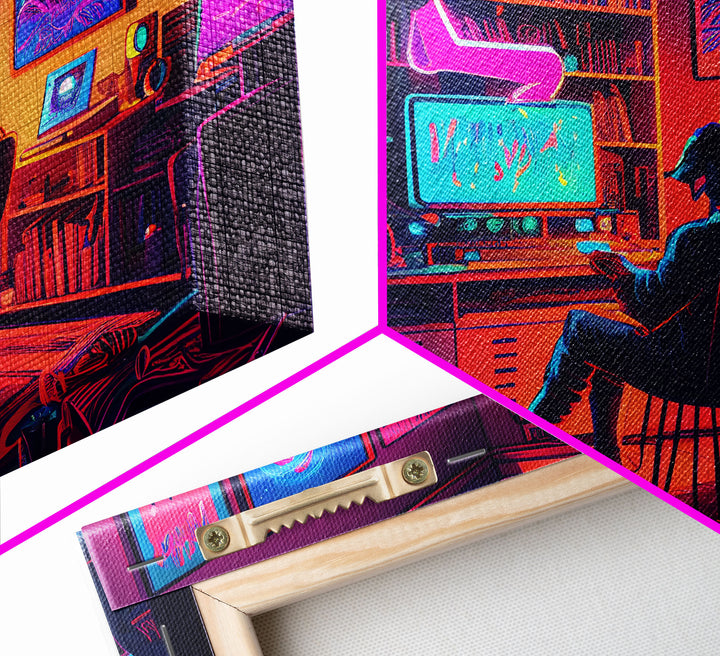 Jacked In - VR headset art, synthwave framed canvas print, cool office art