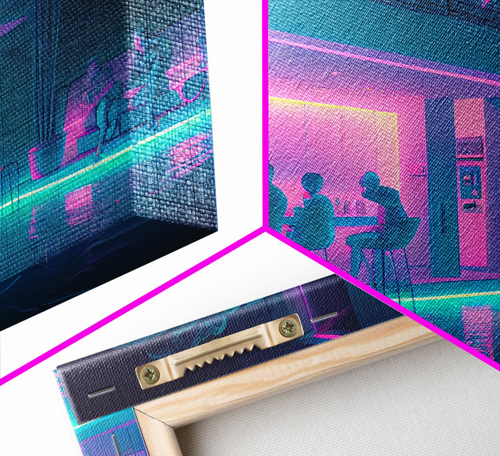 The Lounge - Vaporwave bar decor, framed canvas print, pastel synthwave art, colorful wall decor