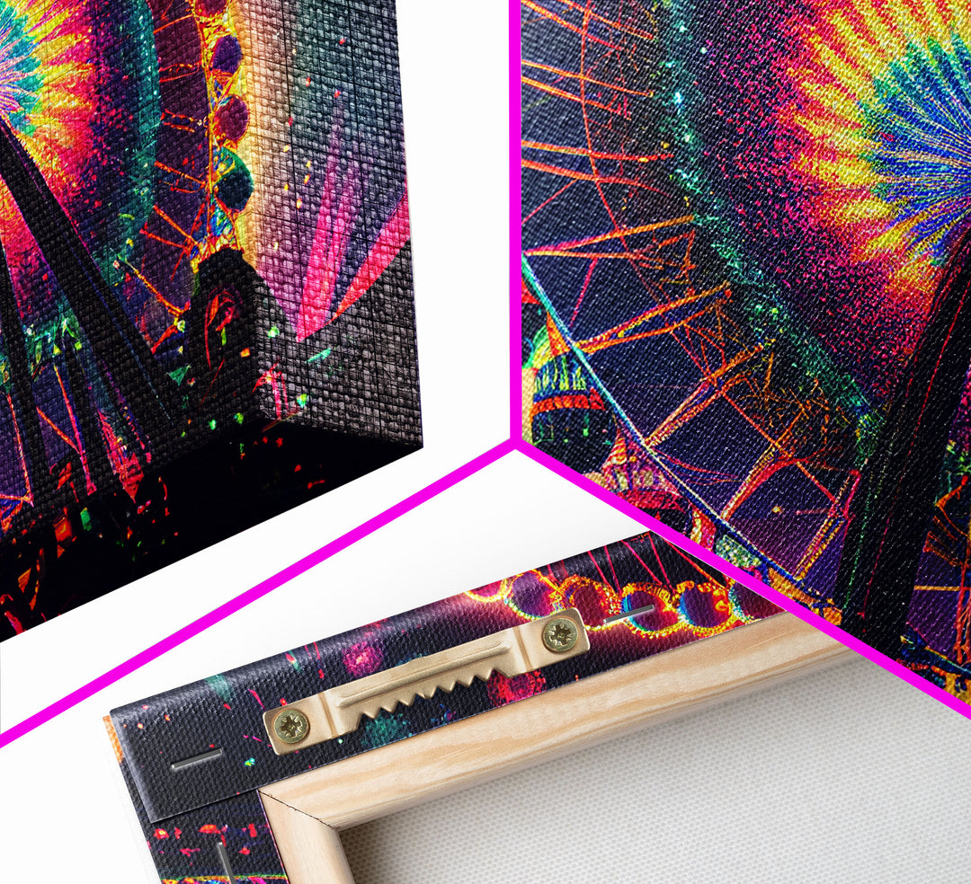 Colorful boardwalk art, neon lit night time ferris wheel, framed canvas print, framed wall art