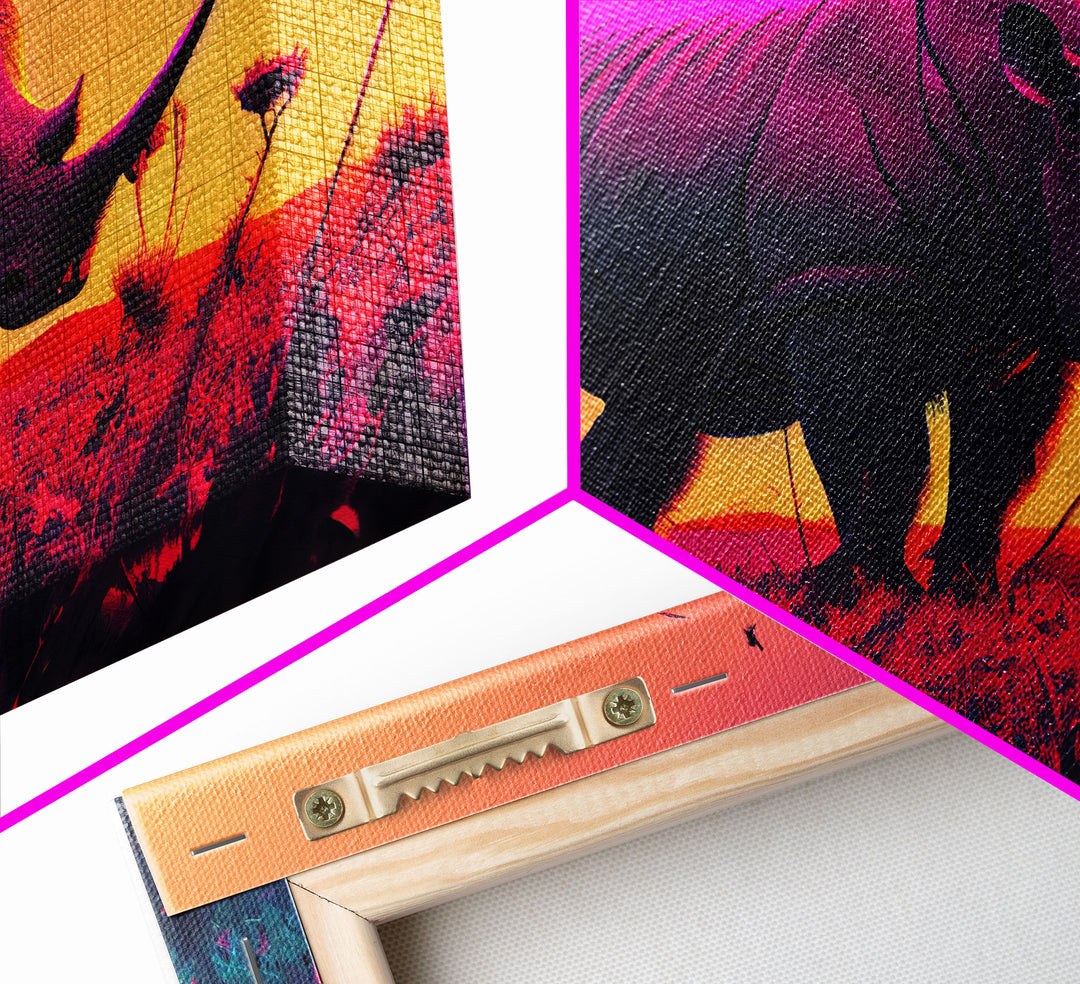 Rhino art, Pastel Rhinoceros at sunset, synthwave aniimal art, framed canvas art