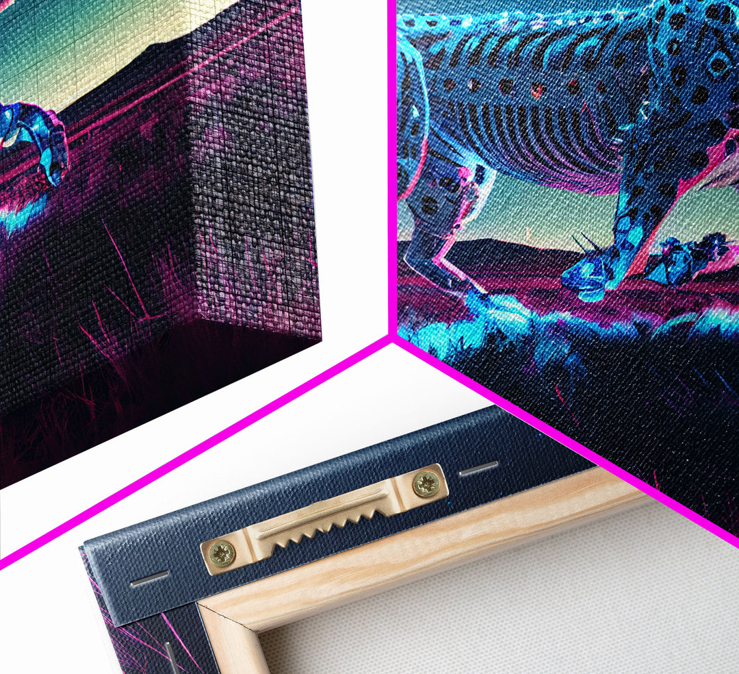 Robot Cheetah, Synthwave cyberpunk art, robot cheetah, framed canvas art, canvas print