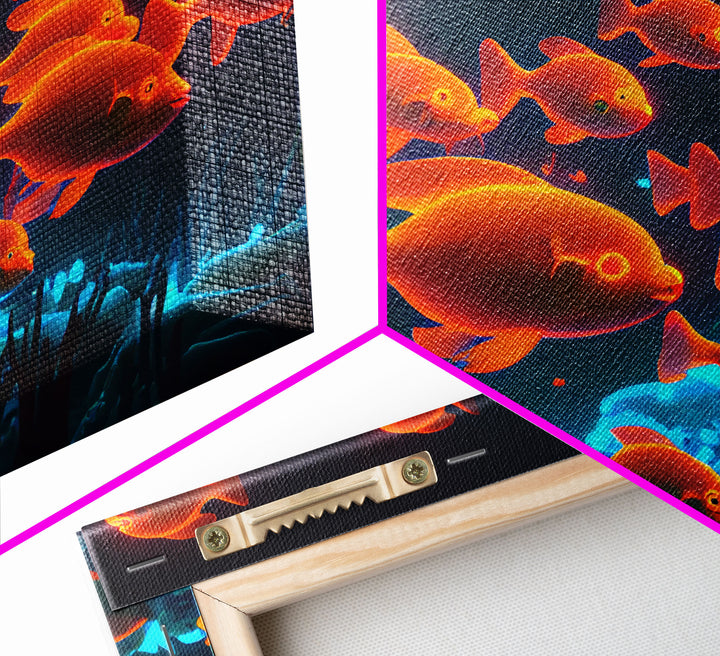 Gold fish art, Aquarium canvas print, framed ocean wall art, school of koi