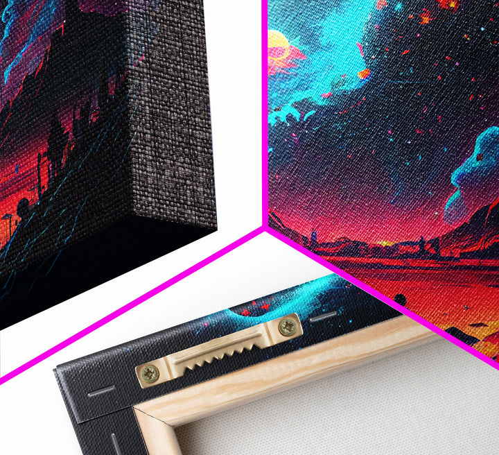 Strange new worlds among  the stars, scifi retrowave art, framed canvas print, unique wall art