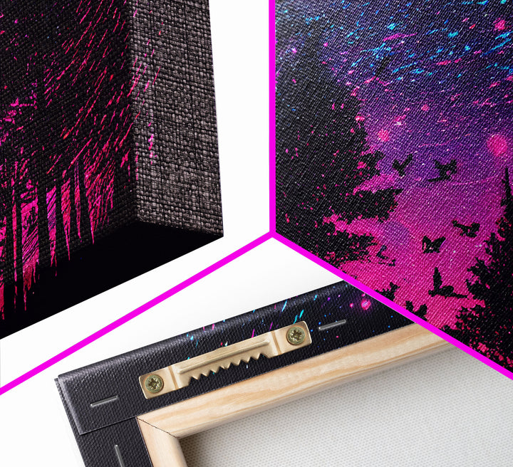 Synthwave Starry Night Time Lapse in a pine tree forest, framed canvas print, timelapse art
