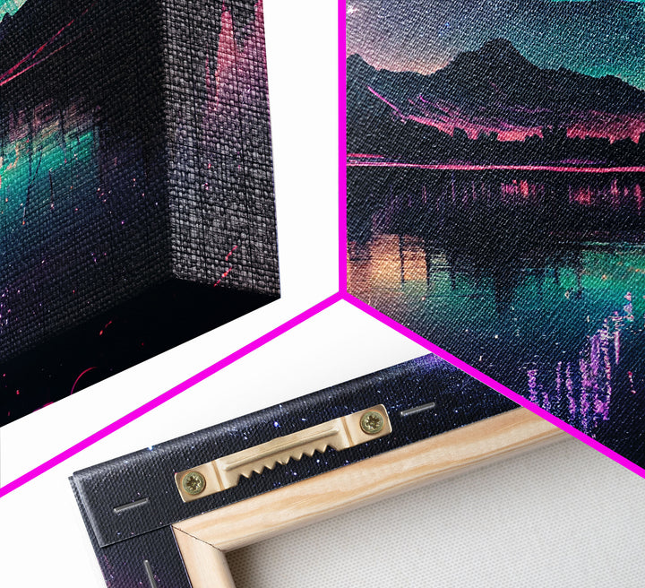 Vaporwave starry night over an Alaskan lake, Aurora borealis, framed canvas print, pastel nature art