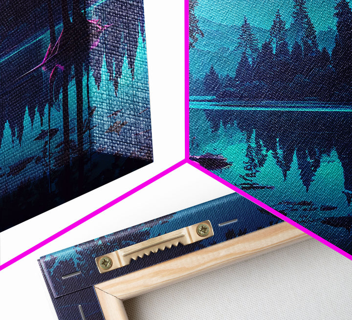 Vaporwave Full moon over the lake at midnight, framed canvas print, subdued art, watercolor painting print