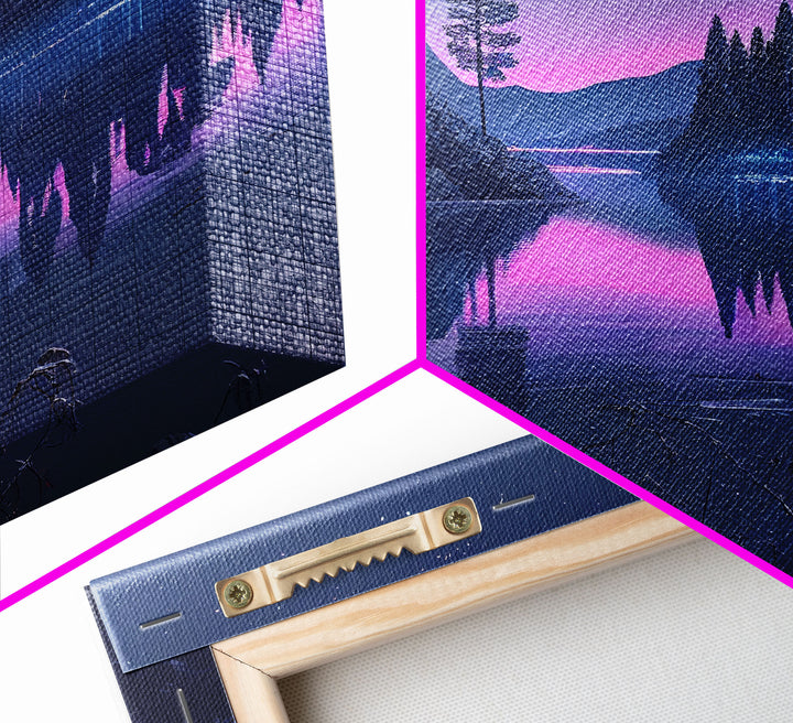 Reflections on the lake at midnight, framed canvas print, vaporwave aesthetic, purple sky