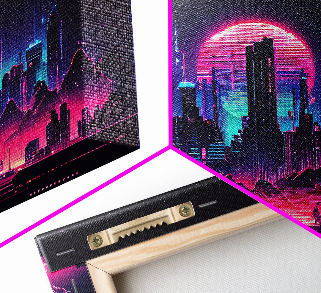 Cyberpunk city skyline superimposed over a sunset, synthwave style dystopian  art, framed canvas print