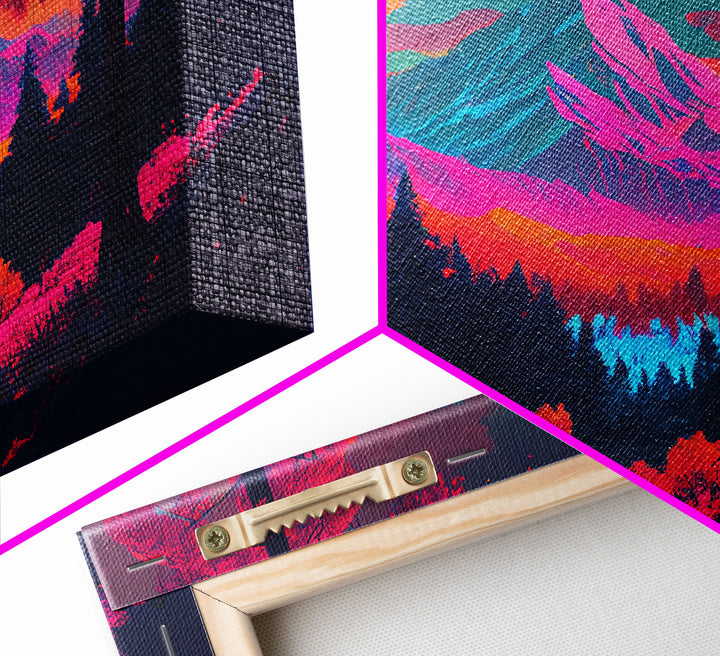 Synthwave style watercolor painting of a mountain and forest, framed canvas print, colorful wall art