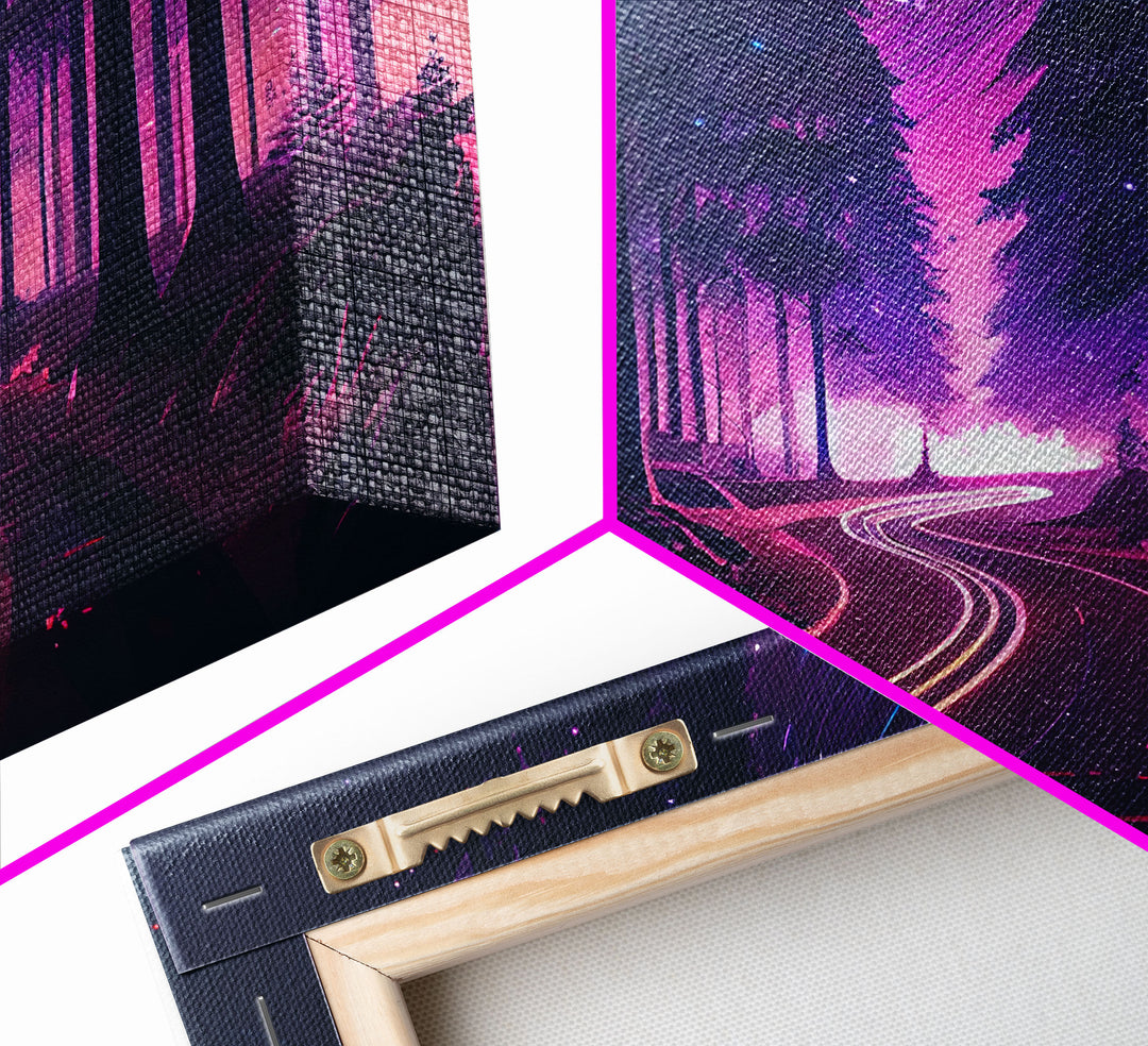 Northern Lights Purple Landscape Trees Road Swirling Stars Fine Art Print, Wall Decor, Wall Poster, Wall Art Print