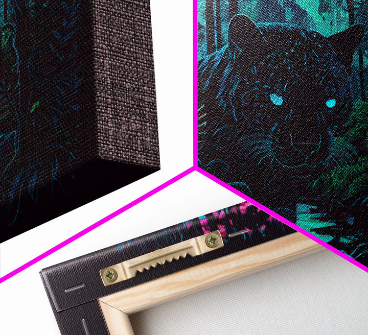 Panther in the jungle, framed canvas print, synthwave / vaporwave art
