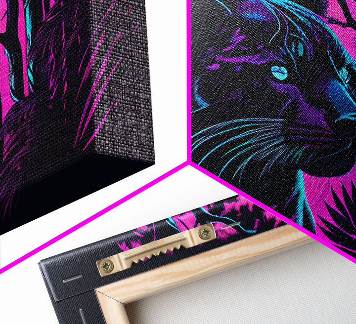 Vaporwave art,  framed canvas print, Jungle Panther synthwave portrait