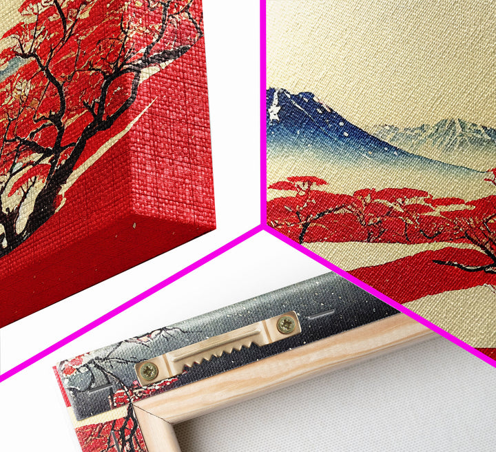 Mt. Fuji in the winter, Japanese style art, Japanese maple trees, framed canvas print, unique retro style art