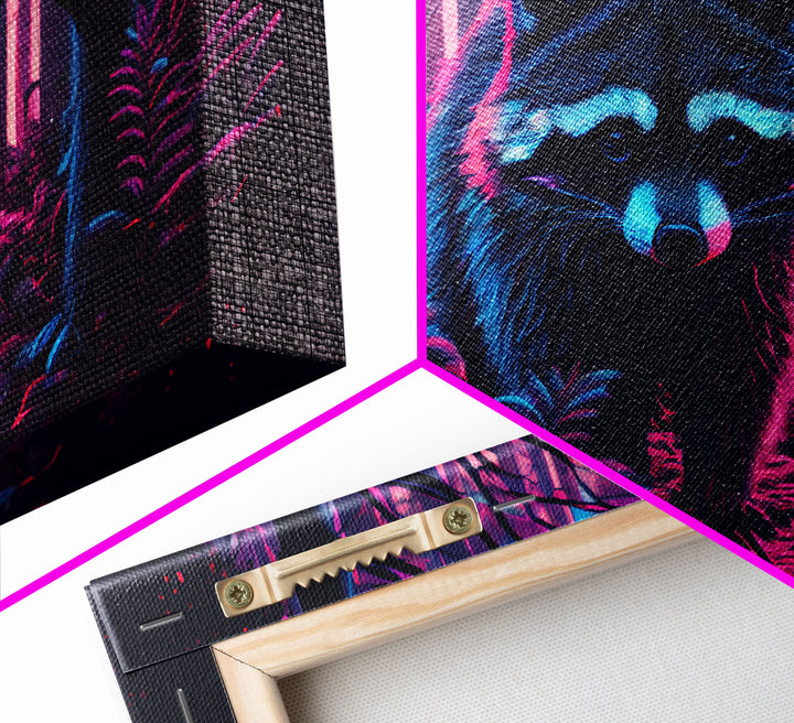 Cute racoon in the forest, vaporwave aesthetic animal art, framed canvas print, colorful animal art