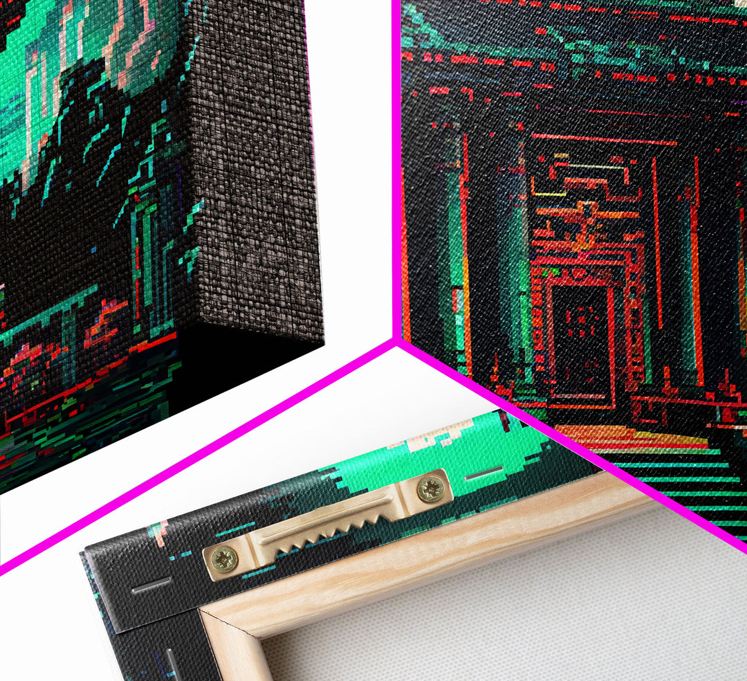 Japanese Pagoda pixel art, cyberpunk style pagoda, framed canvas print
