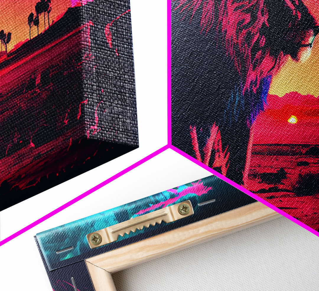 Synthwave style watercolor painting of an African lion, framed canvas print, colorful living room wall art