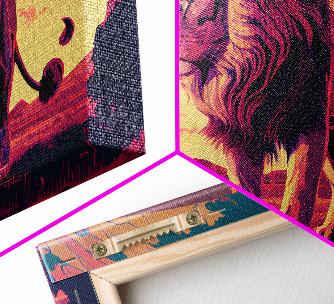 Retrowave watercolor painting of an African Lion, framed canvas print, unique large format wall art