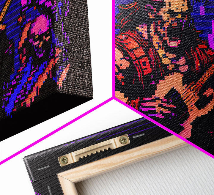 Human bard pixel art, vaporwave RPG concept art, framed canvas print, synthwave tabletop art