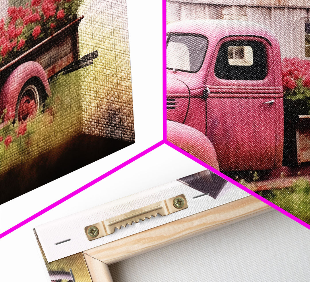 Old Pink Truck Used As a Flower Bed, Framed Canvas Print Or Poster, Rustic Farmhouse Decor, Primitive Art, Country Home Art