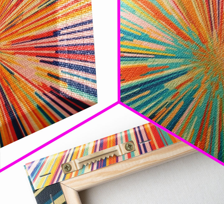 MCM Mid Century Modern Retro Canvas Print Mid Century Wall Art Large Wall Art Geometric Art in Teal Coral and Yellow "Light Speed Tunnel"